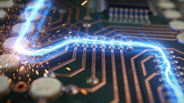 Arcing blue plasma initiated by top-right spark, traveling along PCB traces to solder pads at lab