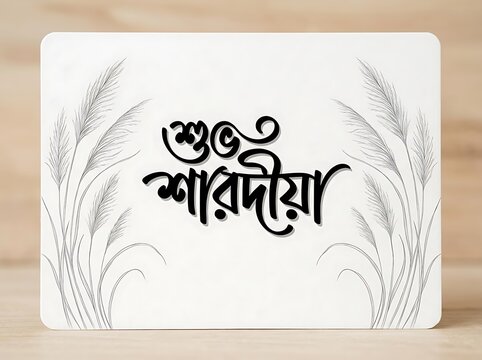 Bengali calligraphy text Shuvo Sharodiya with decorative kash flowers on a white card