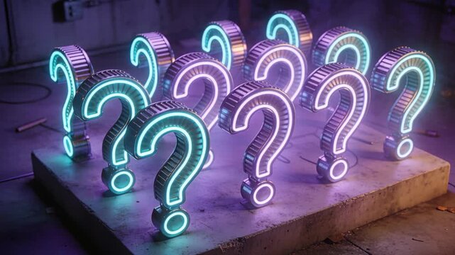 Power cables powering pulsing neon question marks casting cyan glow on slab in workshop