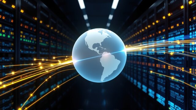 Global network concept. Earth surrounded by server racks, data streams connecting everything. Digital infrastructure visible.