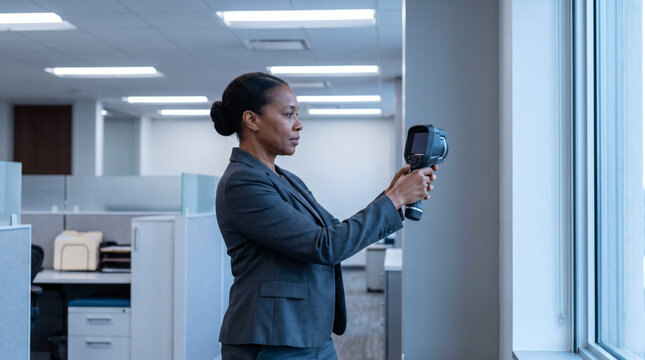 Professional female auditor inspecting office window with thermal imaging camera to detect heat loss and improve commercial building energy efficiency