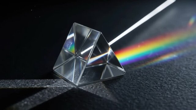 Light refracting through crystal prism creating colorful spectral dispersion beams in dynamic motion video clip for modern visual effects