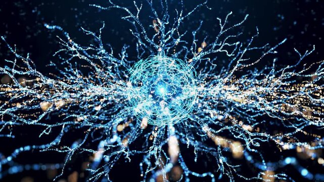 Artificial intelligence and neural network concept glowing digital brain synapses and data processing nodes abstract technology.