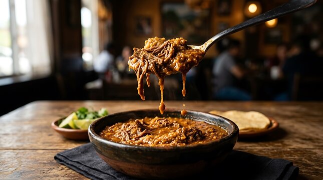 Chef serving traditional indio viejo stew with rich sauce in rustic restaurant setting