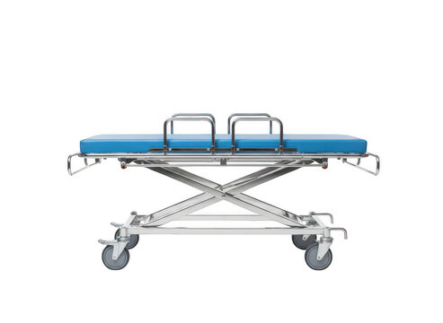 Hospital stretcher trolley with blue mattress and metal frame isolated on a white background, for patient transport, and emergency medical services isolated on a transparent background