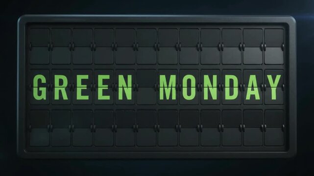 Mechanical Split-Flap Departure Board Displaying Green Monday Typography for Holiday Retail Sale Promotion Concept