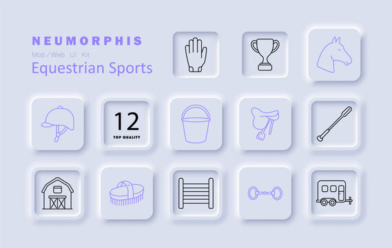 Equestrian sports set icon. Riding glove, victory cup, stallion profile, helmet, grooming bucket, saddle, crop whip, barn facility, brush care, hurdle fence, snaffle bit, transport wagon, horsemanship