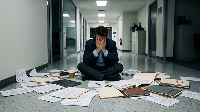 Frustrated businessman in suit sitting amidst scattered documents in office hallway