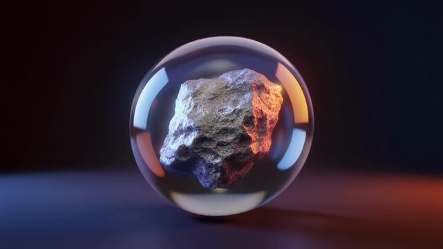 Abstract mineral encased in glass sphere rotating with dramatic lighting