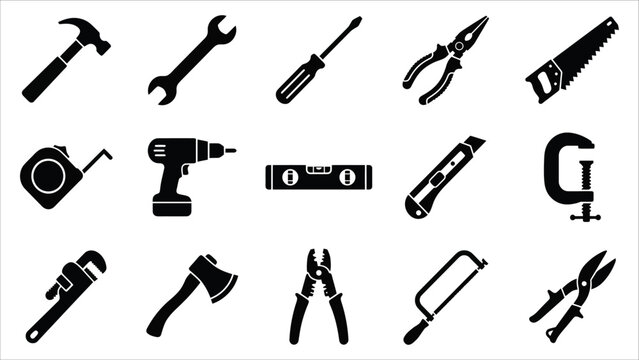 Collection of black silhouette representing various construction tools like hammer, wrench, screwdriver, saw, drill, and measuring tape