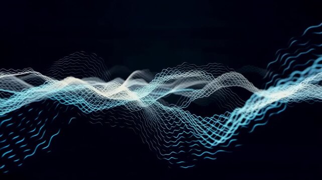 Abstract blue sound wave forms pulsing with light in dark background seamless motion