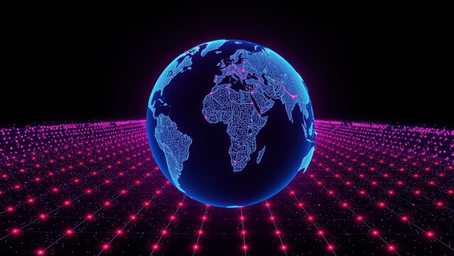 Glowing globe sits above digital grid. Blue planet contrasts with vibrant pink lines extending into darkness. Futuristic aesthetic.