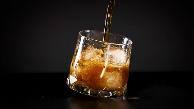A slow motion video of dark cola being poured into a transparent, textured glass with ice cubes, creating fizz on a black background.
