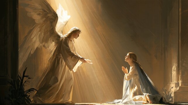 Angel Gabriel brings God's divine message to Mary in a sacred setting
