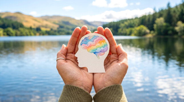 Hands Holding Brain Cutout Over Scenic Lake and Mountain View