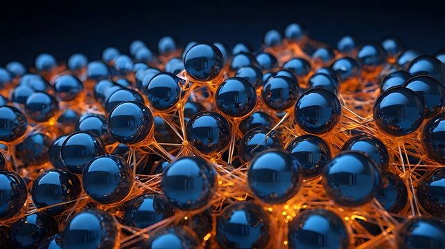 Abstract metallic blue spheres on orange wire mesh grid background 3D render
