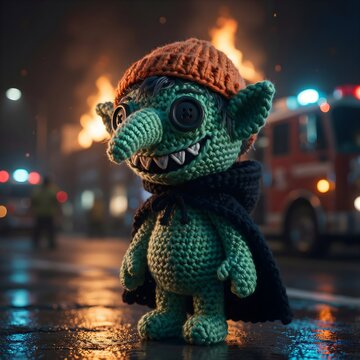 Mu&ntilde;eco de duende verde tejido a ganchillo estilo amigurumi con gorro naranja y capa frente a un cami&oacute;n de bomberos y un incendio nocturno