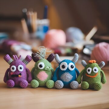 Conjunto de cuatro adorables mu&ntilde;ecos de monstruos coloridos tejidos a ganchillo estilo amigurumi sobre una mesa de trabajo con ovillos de lana