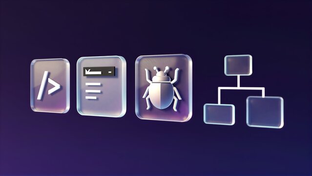 Code, bug detection, and system architecture icons on a purple background.