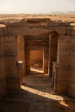 Antiguo templo de piedra en medio del desierto con jerogl&iacute;ficos y puertas arqueadas bajo la luz del sol