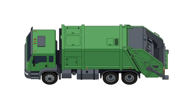 Green garbage truck vector illustration for waste management and recycling services, featuring a rear-loading mechanism and industrial utility design isolated on a white background.