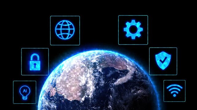 Futuristic Earth visualization AI, internet, protection, wireless icons glowing planet. global connectivity, cloud services, intelligent automation, cyber defense enterprise technology presentations.
