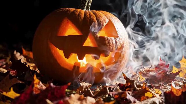 Spooky Halloween Jack-o-lantern Pumpkin with Smoke and Autumn Leaves   