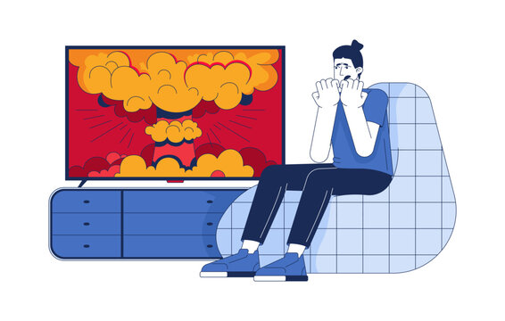 Fear of news 2D illustration concept. Global war. Anxious man watching catastrophic nuclear explosion broadcast on television cartoon character isolated on white. Flat vector creative metaphor