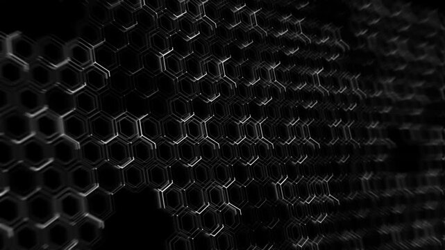 Monochrome hexagonal structures extend deep tunnel creating a sleek scientific technical appearance. molecular science, advanced materials, engineering, cyber themes, futuristic transitions abstract