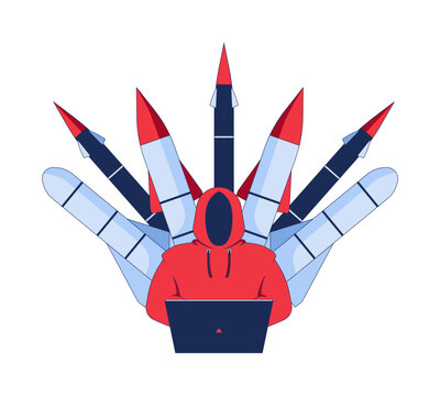 Cyber threats target military arsenal 2D illustration concept. Digital terrorism. Hooded hacker controlling missiles with laptop cartoon character isolated on white. Flat vector creative metaphor