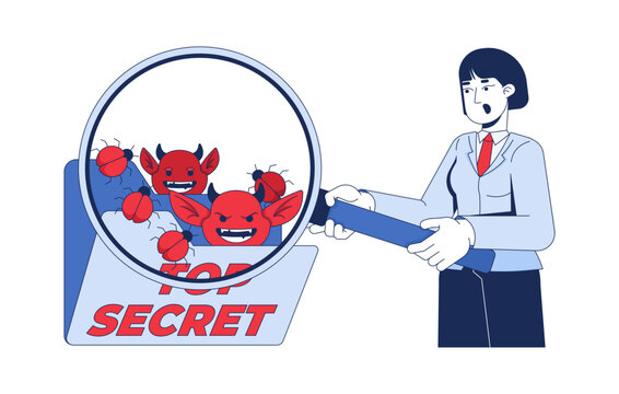 Revealing malicious intruders of top secret files 2D illustration concept. Malware bugs detection. IT security specialist with magnifying glass cartoon character isolated. Flat vector metaphor