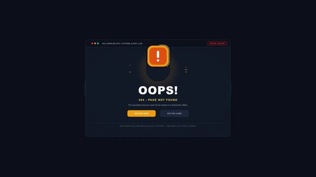 Pixelated oopsy error message animation with exclamation mark in vintage computer window, digital glitch effect