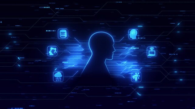 Digital human profile cloud, database, robotics, wireless intelligence symbols modern AI infrastructure. machine learning, intelligent automation, enterprise computing digital transformation