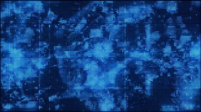 Digital network connectivity and data flow concept abstract blue pixelated background with moving light particles technology.