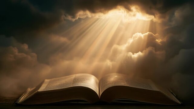 Jesus shares wisdom from an open book as rays of light shine down from clouds. This moment captures a significant teaching in a calm environment that inspires reflection.