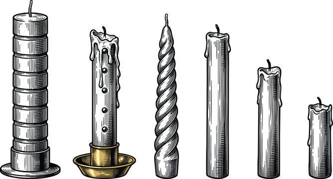 Hand drawn vintage paraffin wax candles set including spiral taper dripping column holders and spooky mystical elements