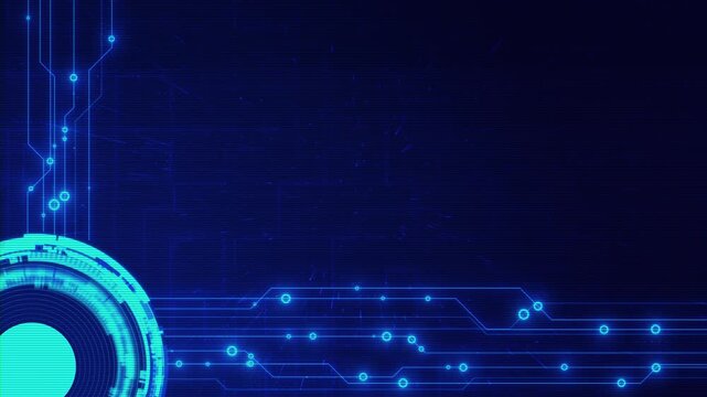 Glowing blue circuit interface digital nodes circular HUD generous empty space for custom content. technology intros, AI explainers, cyber graphics, corporate presentations digital interface animation