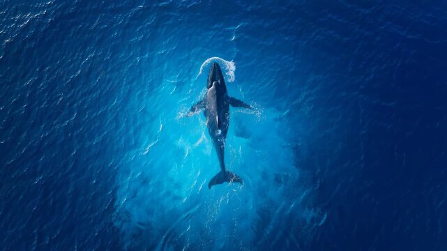 Top-down view of a humpback whale swimming gracefully at the surface of the deep blue ocean, creating white water splashes.