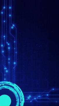Dark blue technology background luminous circular HUD element, connected nodes circuit paths leaves large copy space cyber presentations, software promos, data dashboards, science futuristic titles.