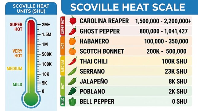 Scoville heat scale chart showing chili pepper spiciness level from bell pepper to Carolina Reaper thermometer graphic