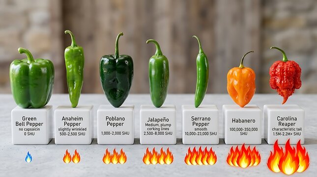 Various chili peppers displayed on white stands with flame icons showing heat level from mild green to extra hot red scoville scale