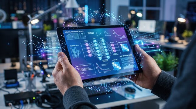Man holding tablet showing neural network model with holographic AI interface, deep learning visualization, futuristic tech data analysis in modern office background.,170 characters