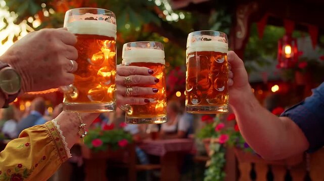 at golden hour in an outdoor Bavarian-style beer garden, three adult hands raise unbranded clear beer mugs and perform one relaxed toast, chestnut-tree bokeh