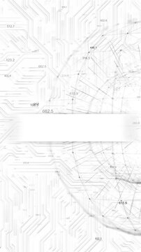 Clean white technology scene combines circuit traces, data, connected wireframe globe, artificial intelligence, global networks, analytics, computing, innovation, research, and corporate presentations