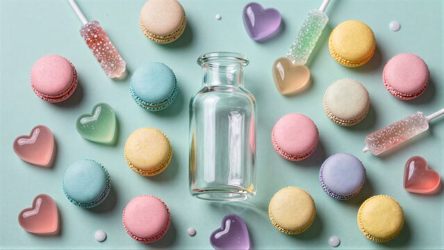 Pastel macarons, gummy hearts, and candy sticks surround a clear glass bottle.