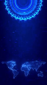 Glowing world map circular HUD interface security cybersecurity, threat monitoring, international communications, data protection, network operations, digital defense, encryption, command visuals.