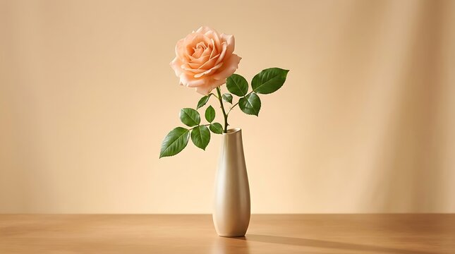 Single peach-colored rose in minimalist ceramic vase on neutral wooden surface with ample copy space
