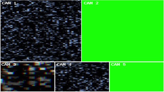 Security camera show digital static, scan noise, green areas footage. surveillance displays, hacker scenes, broadcast editing templates, control rooms, live footage, crime monitoring systems.