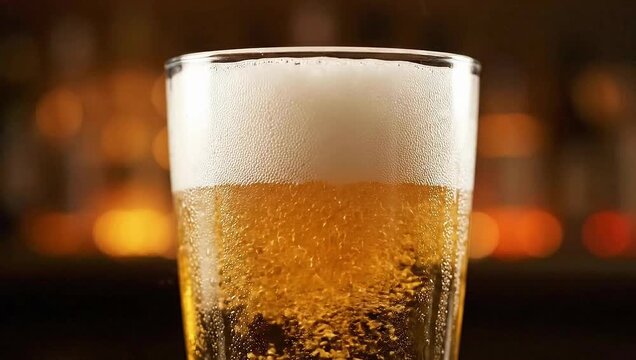 Glass of cold fresh beer with foam standing on counter inside cozy pub or bar