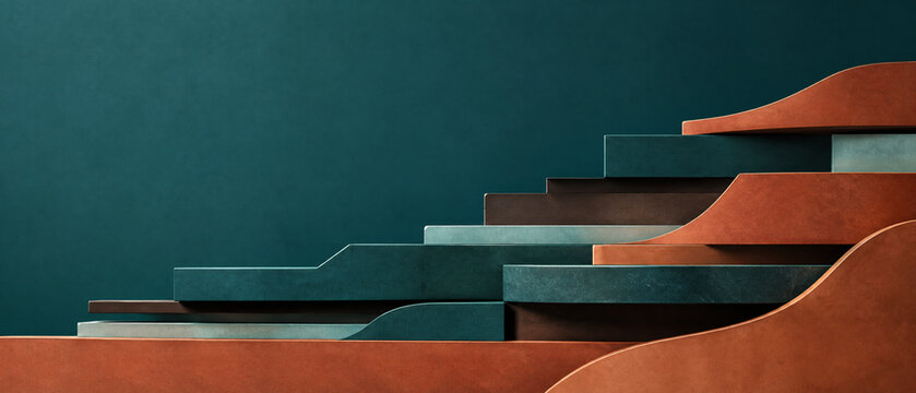 Modern 3D green background featuring brown terracotta curved step slabs with empty space